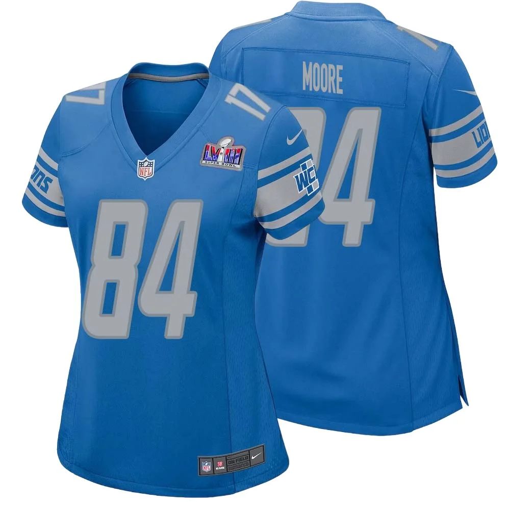 Herman Moore No 84 Womens Custom Blue Detroit Lions Super Bowl LVIII Player Home Game Jersey