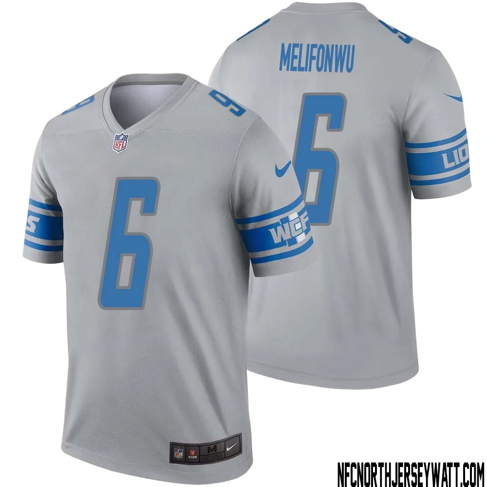 Ifeatu Melifonwu No 6 Men Gray Detroit Lions Inverted Legend Jersey 1