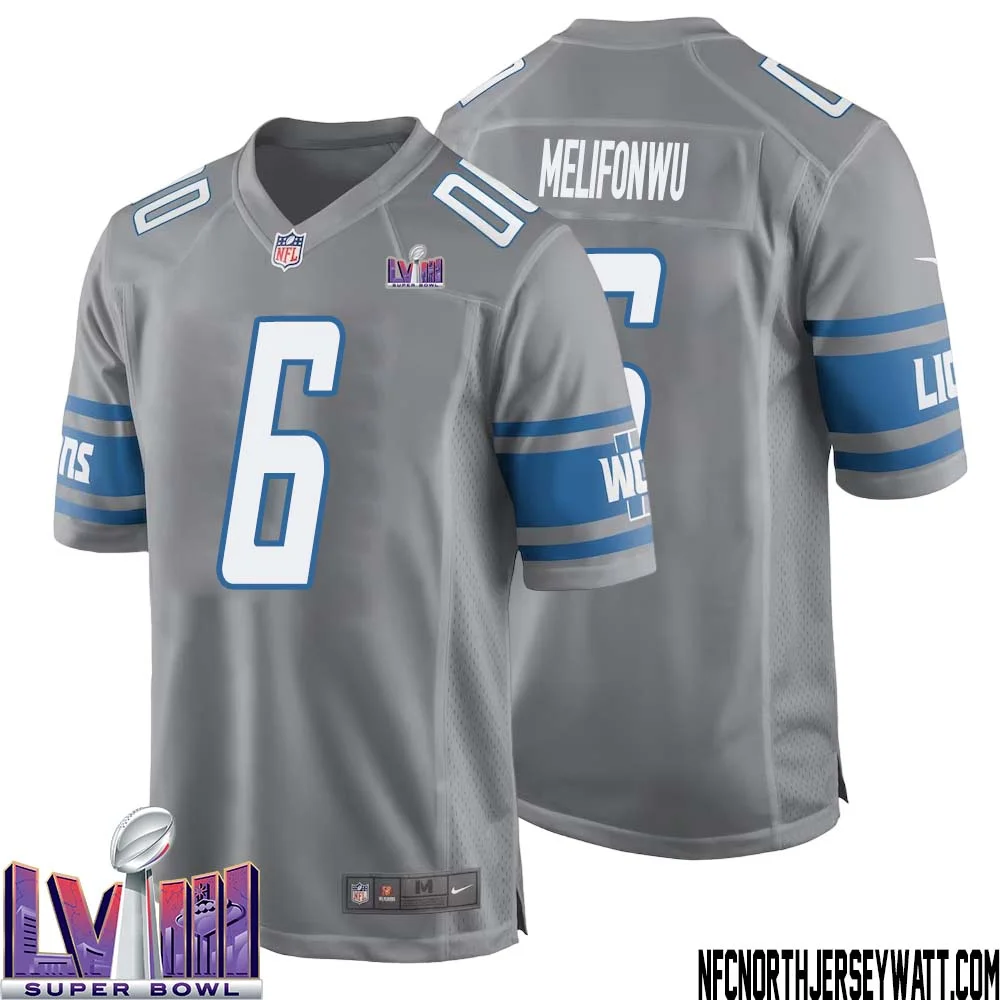 Ifeatu Melifonwu No 6 Men Grey Detroit Lions Player Super Bowl LVIII Alternate Game Jersey 1
