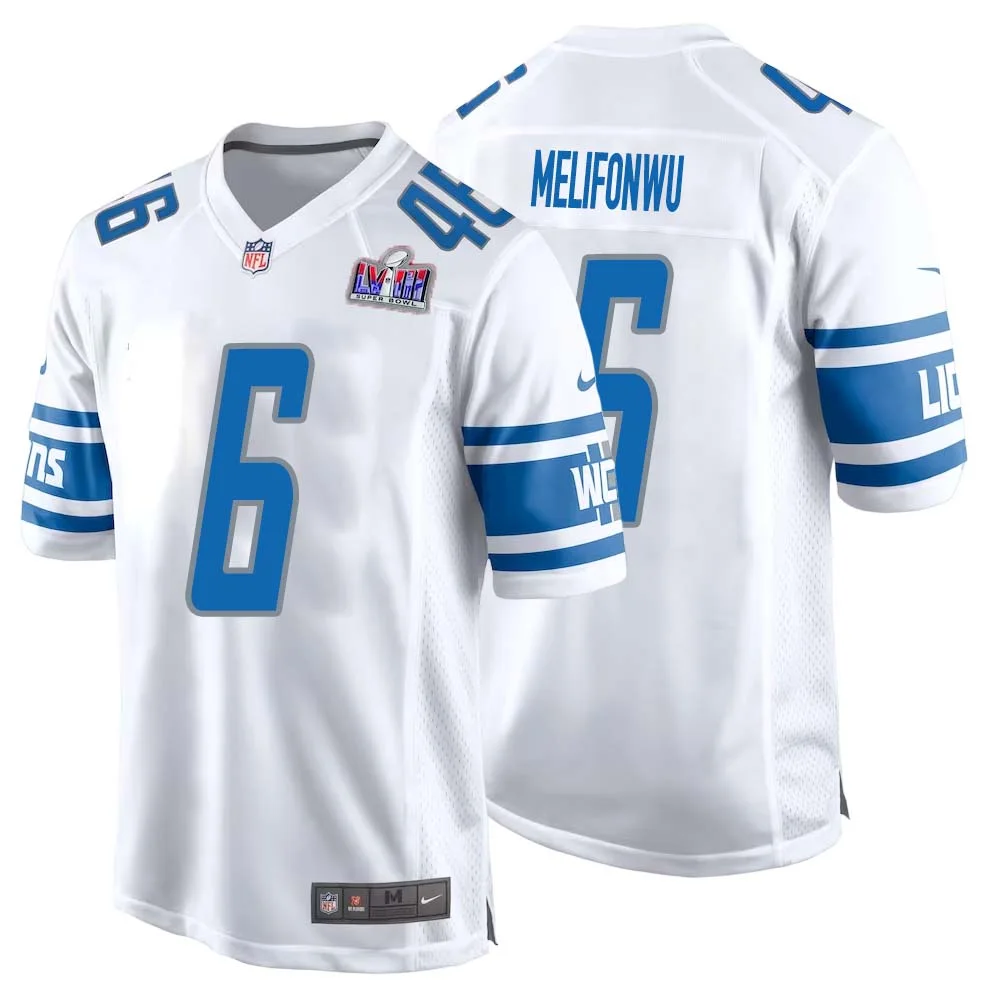 Ifeatu Melifonwu No 6 Mens Custom White Detroit Lions Super Bowl LVIII Away Game Jersey