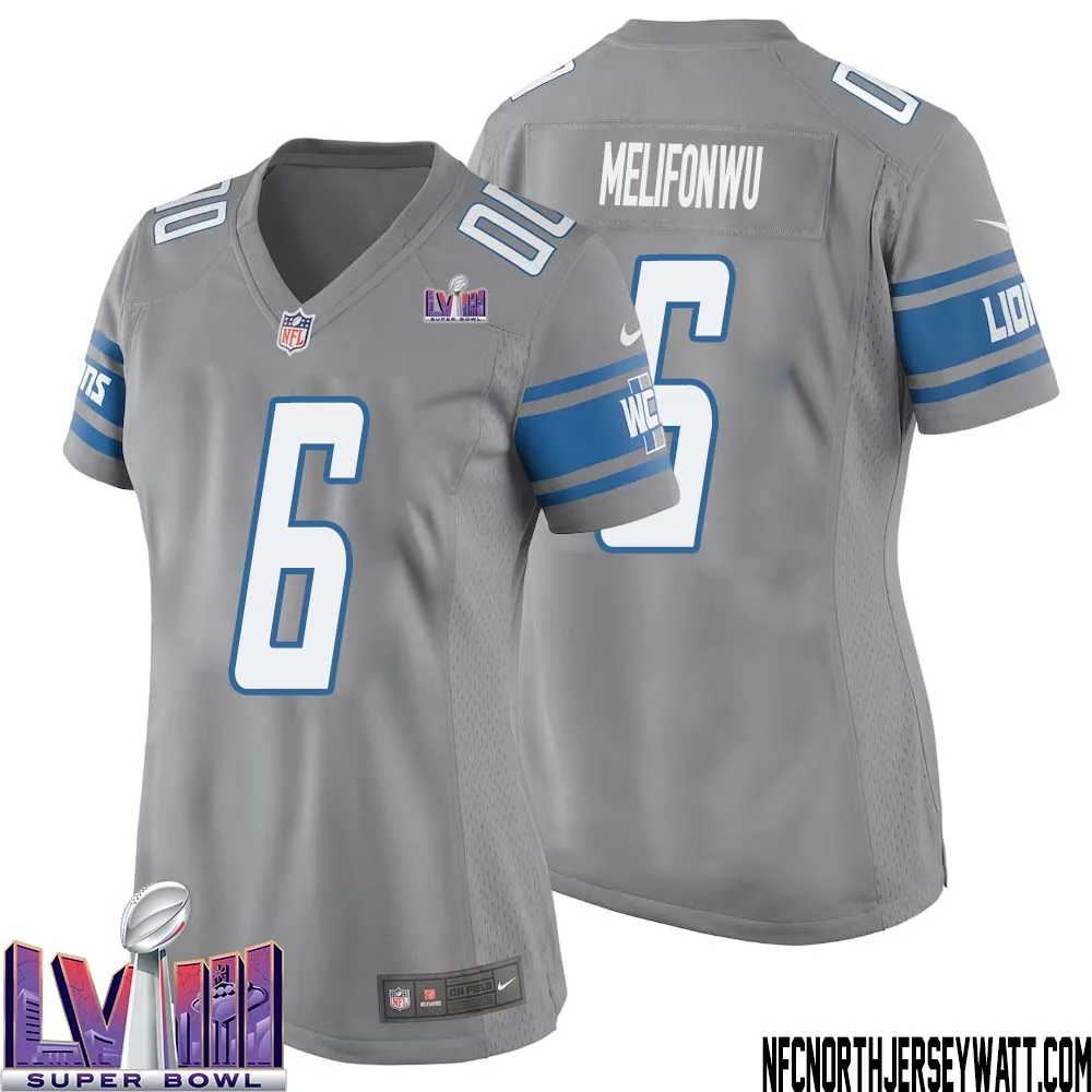 Ifeatu Melifonwu No 6 Women Grey Detroit Lions Player Super Bowl LVIII Alternate Game Jersey