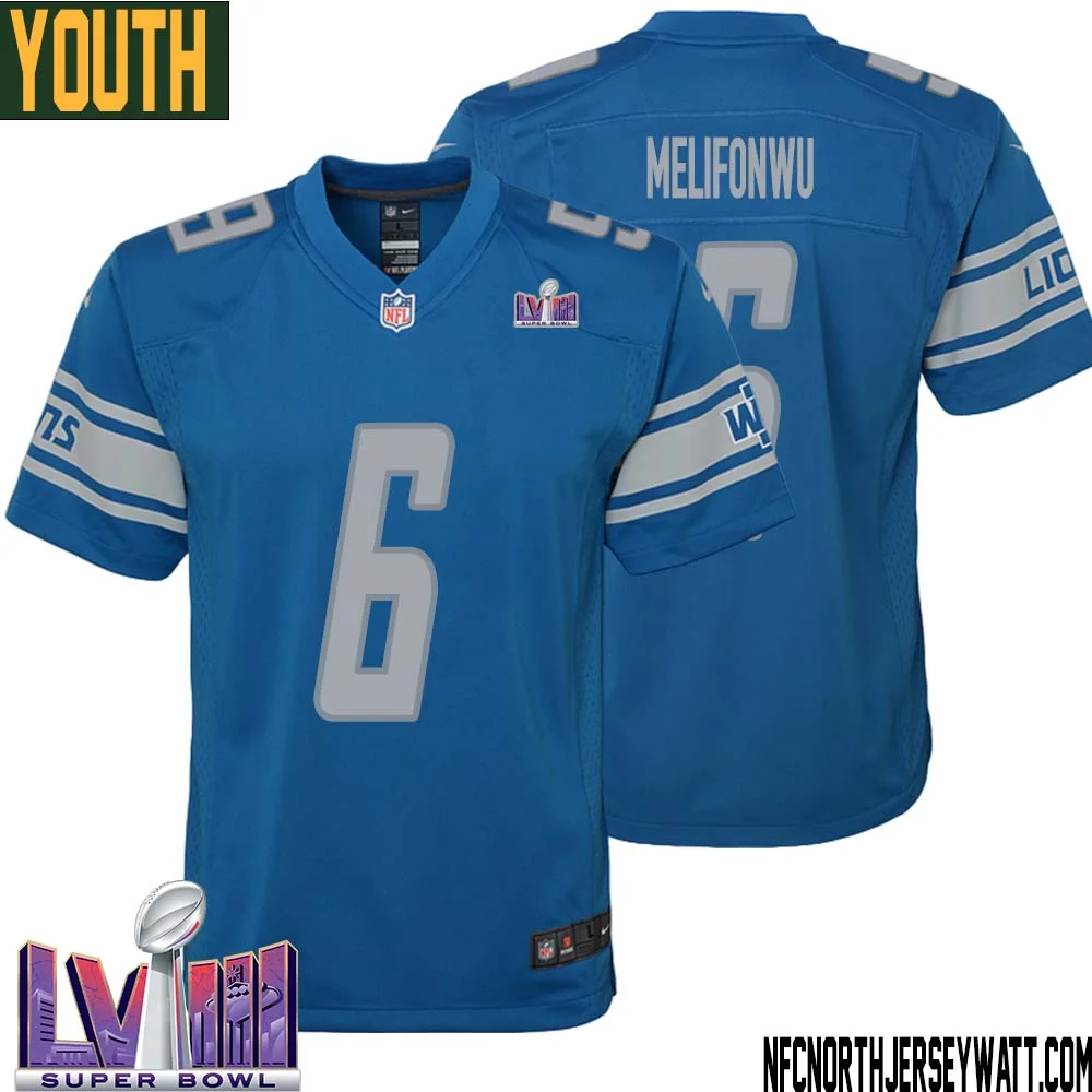 Ifeatu Melifonwu No 6 Youth Blue Detroit Lions Player Super Bowl LVIII Home Game Jersey 1