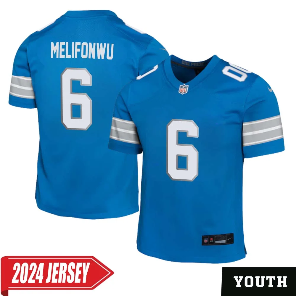 Ifeatu Melifonwu No 6 Youth s Detroit Lions Home Game 2024 Jersey Blue