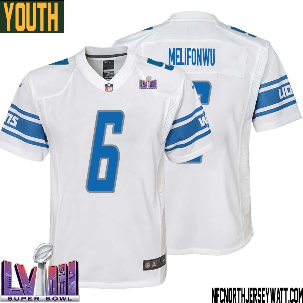 Ifeatu Melifonwu No 6 Youth White Detroit Lions Player Super Bowl LVIII Away Game Jersey