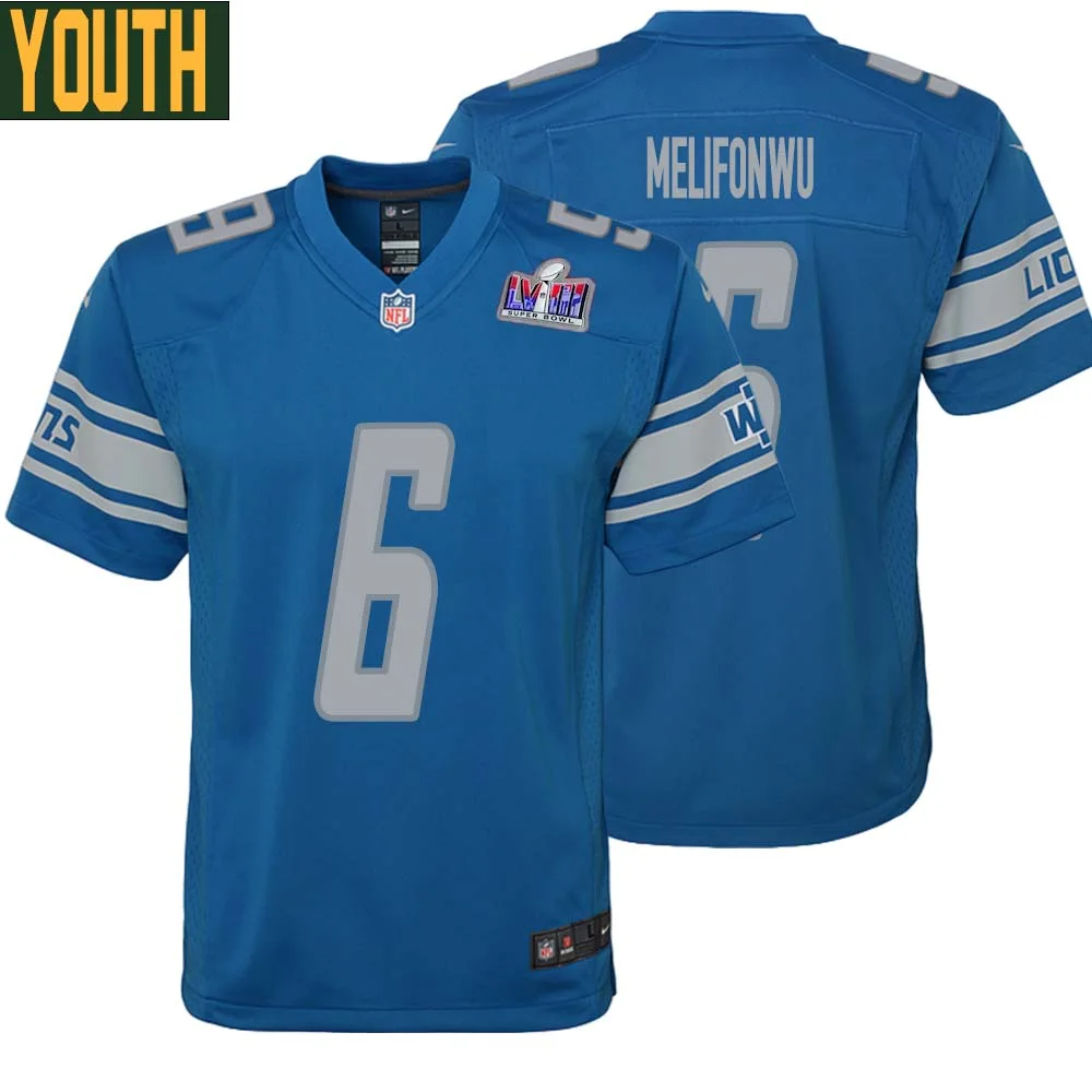 Ifeatu Melifonwu No 6 Youths Custom Blue Detroit Lions Super Bowl LVIII Player Home Game Jersey
