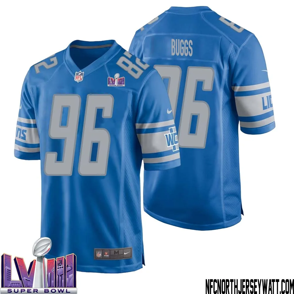 Isaiah Buggs No 96 Men Blue Detroit Lions Player Super Bowl LVIII Home Game Jersey