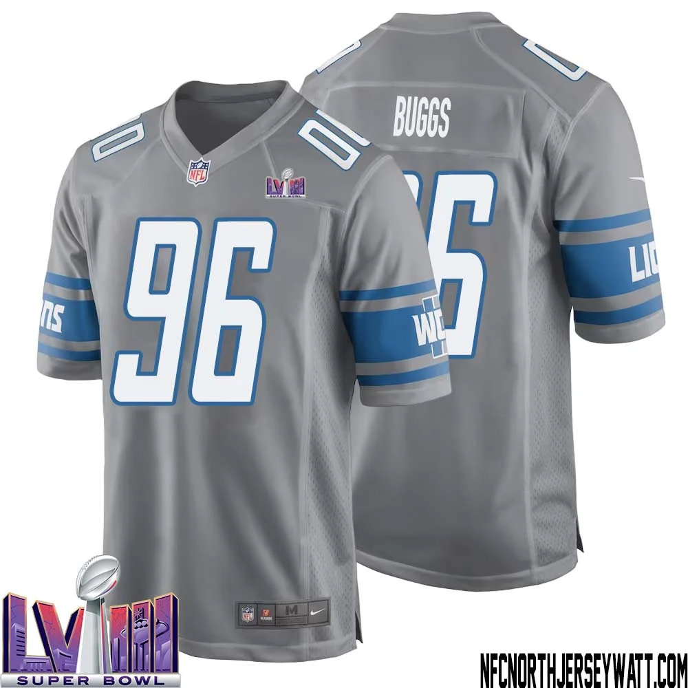 Isaiah Buggs No 96 Men Grey Detroit Lions Player Super Bowl LVIII Alternate Game Jersey 1