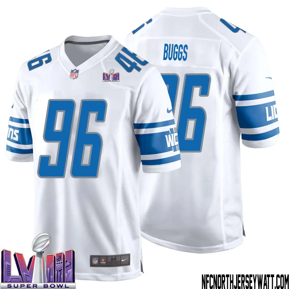 Isaiah Buggs No 96 Men White Detroit Lions Player Super Bowl LVIII Away Game Jersey 1