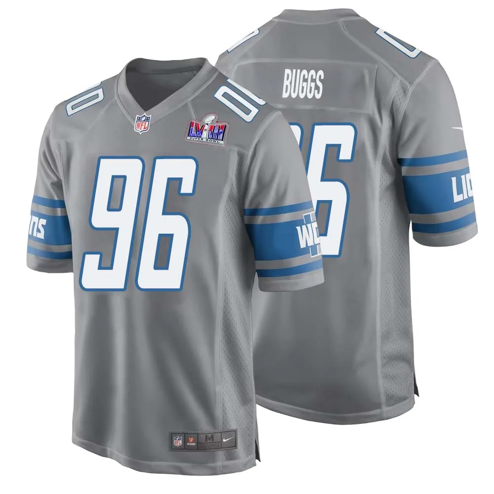 Isaiah Buggs No 96 Mens Custom Gray Detroit Lions Alternate Super Bowl LVIII Game Jersey