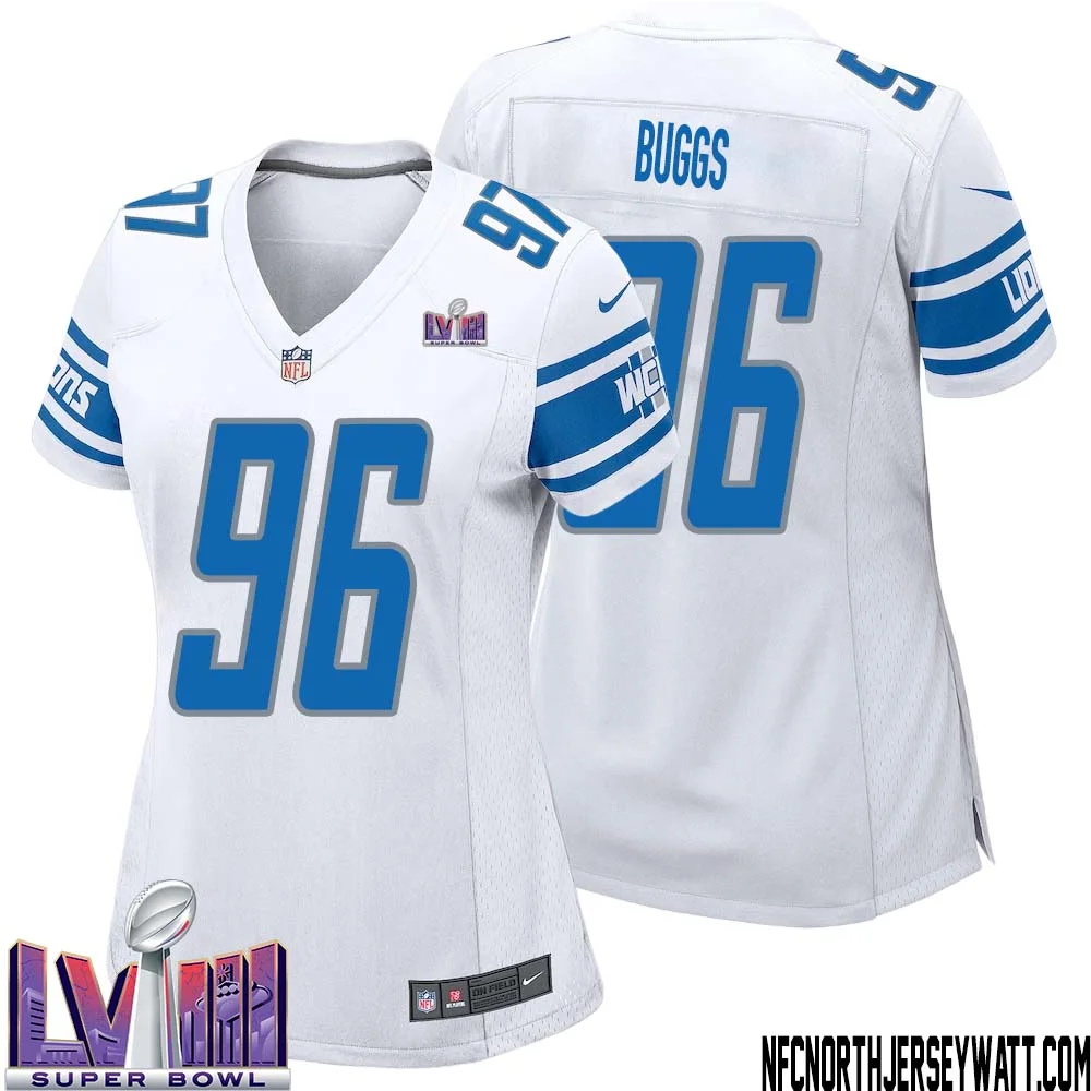 Isaiah Buggs No 96 Women White Detroit Lions Player Super Bowl LVIII Away Game Jersey 1