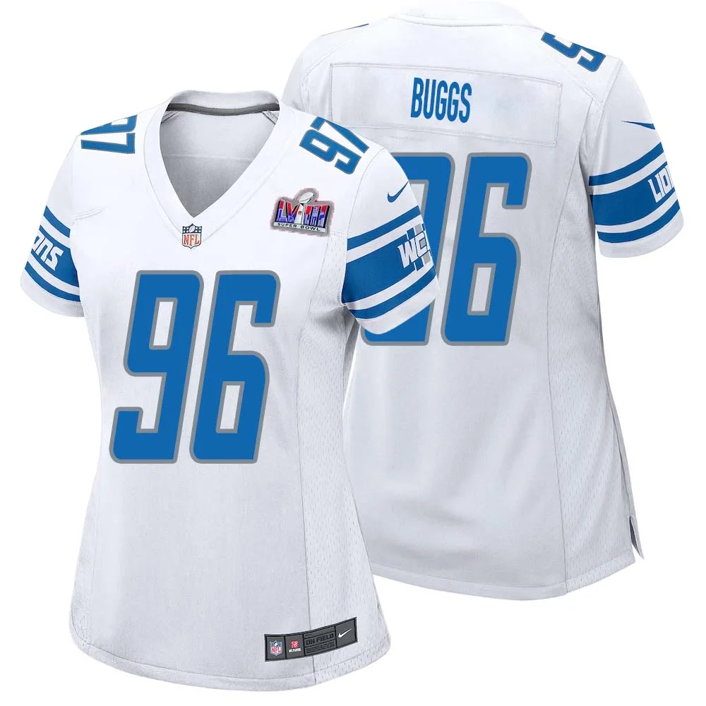 Isaiah Buggs No 96 Womens Custom White Detroit Lions Super Bowl LVIII Away Game Jersey