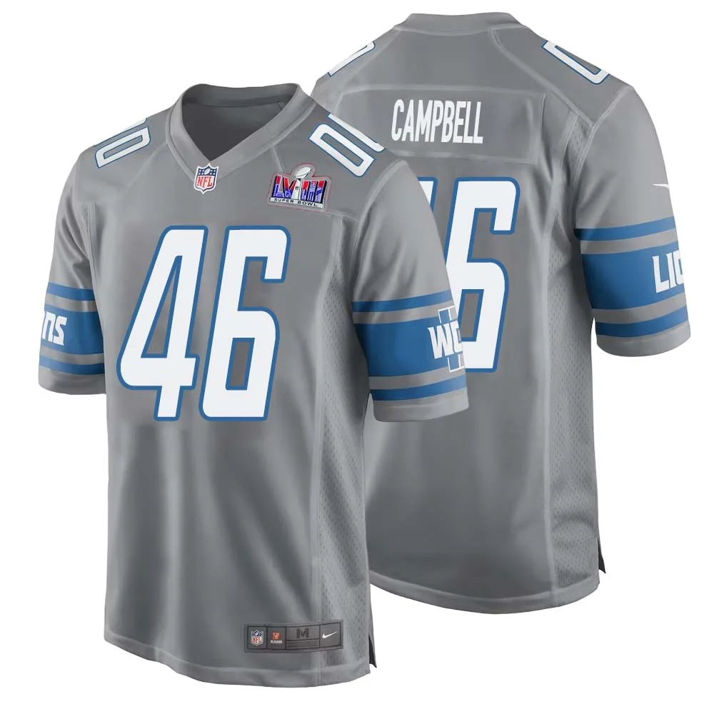 Jack Campbell No 46 Mens Custom Gray Detroit Lions Alternate Super Bowl LVIII Game Jersey