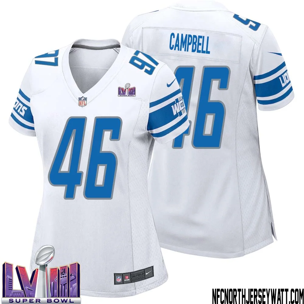 Jack Campbell No 46 Women White Detroit Lions Player Super Bowl LVIII Away Game Jersey 1