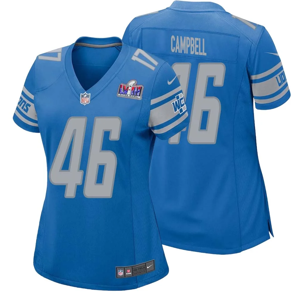 Jack Campbell No 46 Womens Custom Blue Detroit Lions Super Bowl LVIII Player Home Game Jersey
