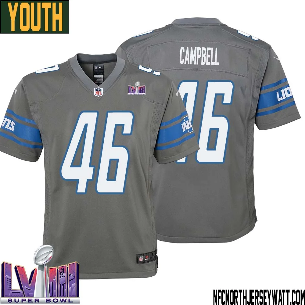 Jack Campbell No 46 Youth Grey Detroit Lions Player Super Bowl LVIII Alternate Game Jersey