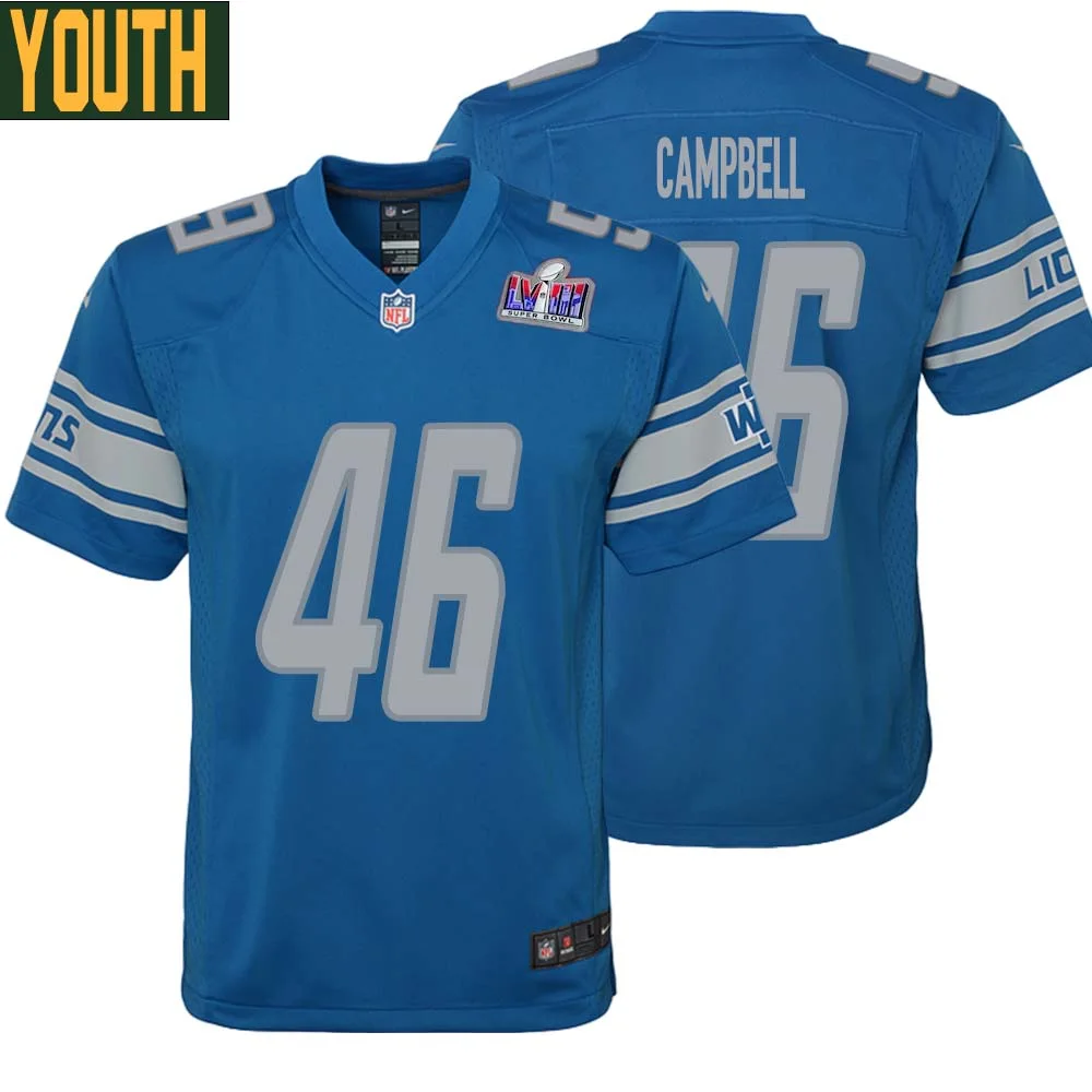 Jack Campbell No 46 Youths Custom Blue Detroit Lions Super Bowl LVIII Player Home Game Jersey