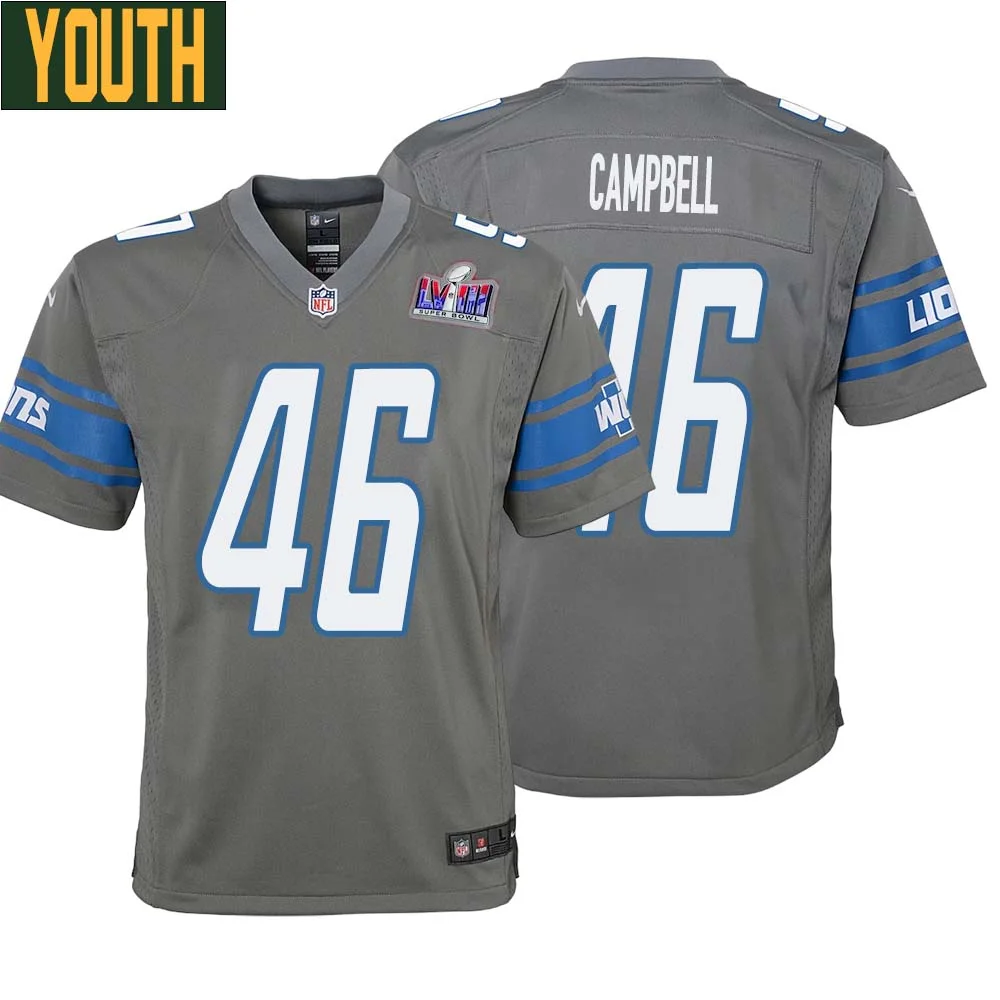 Jack Campbell No 46 Youths Custom Gray Detroit Lions Alternate Super Bowl LVIII Game Jersey