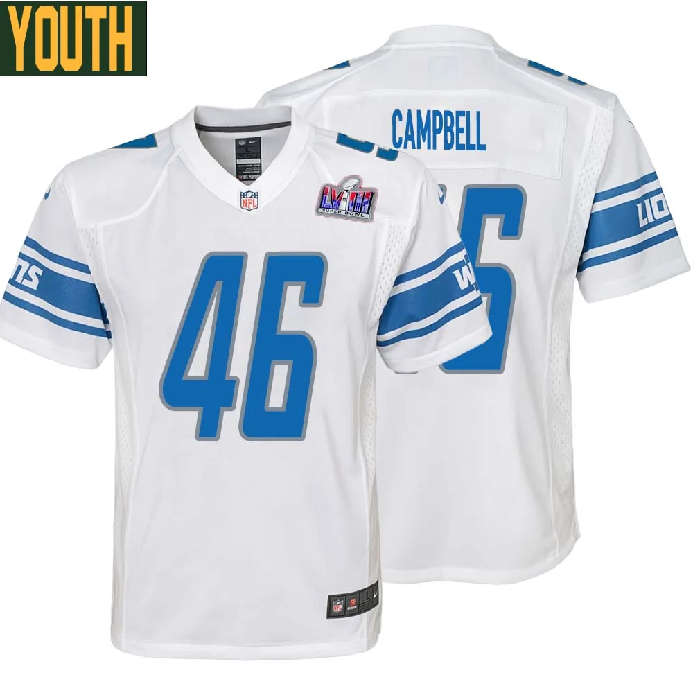 Jack Campbell No 46 Youths Custom White Detroit Lions Super Bowl LVIII Away Game Jersey
