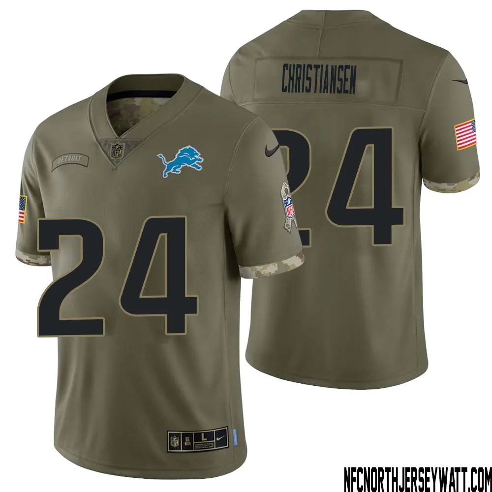 Jack Christiansen No 24 Men Olive Detroit Lions 2022 Salute To Service Retired Player Limited Jersey 1