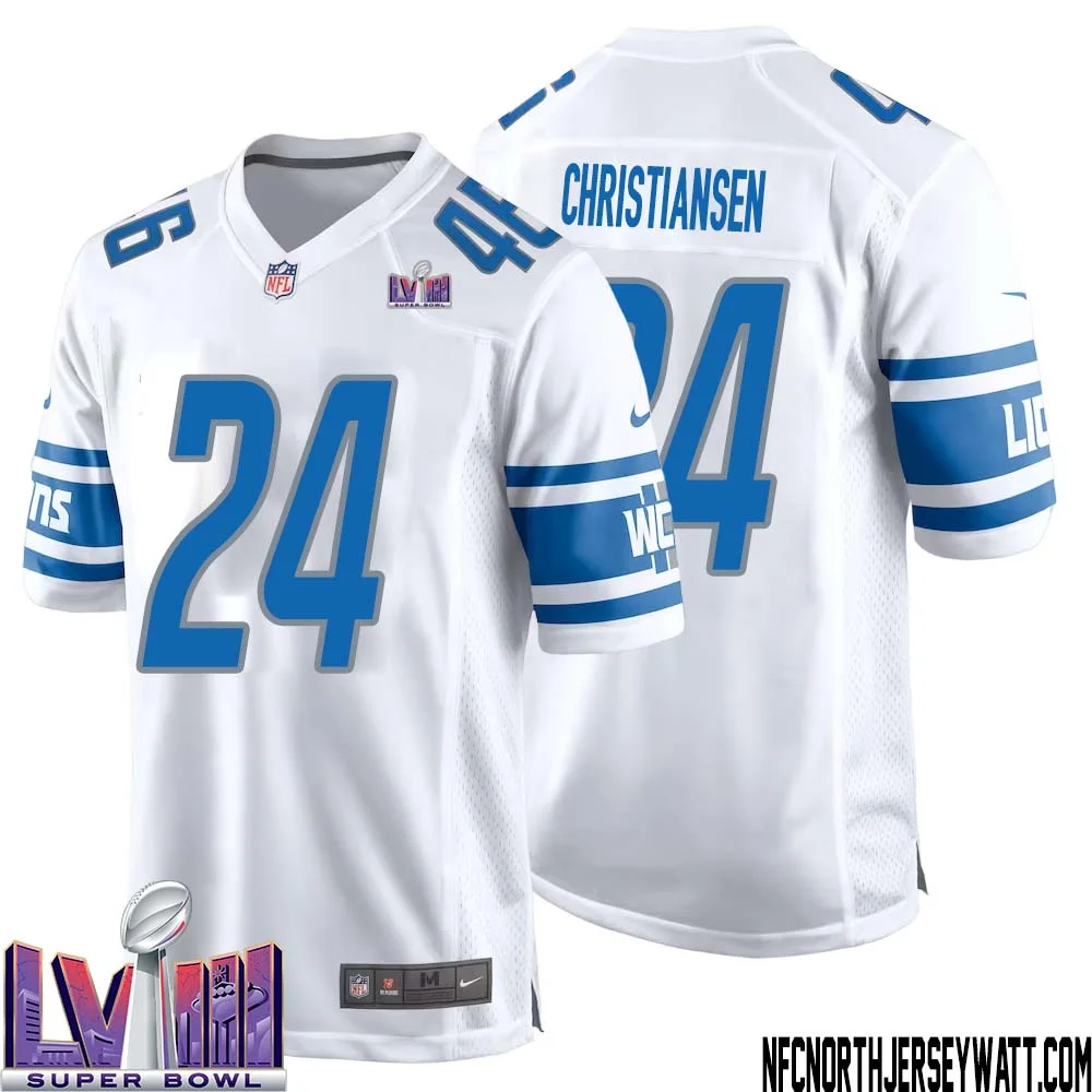 Jack Christiansen No 24 Men White Detroit Lions Player Super Bowl LVIII Away Game Jersey 1