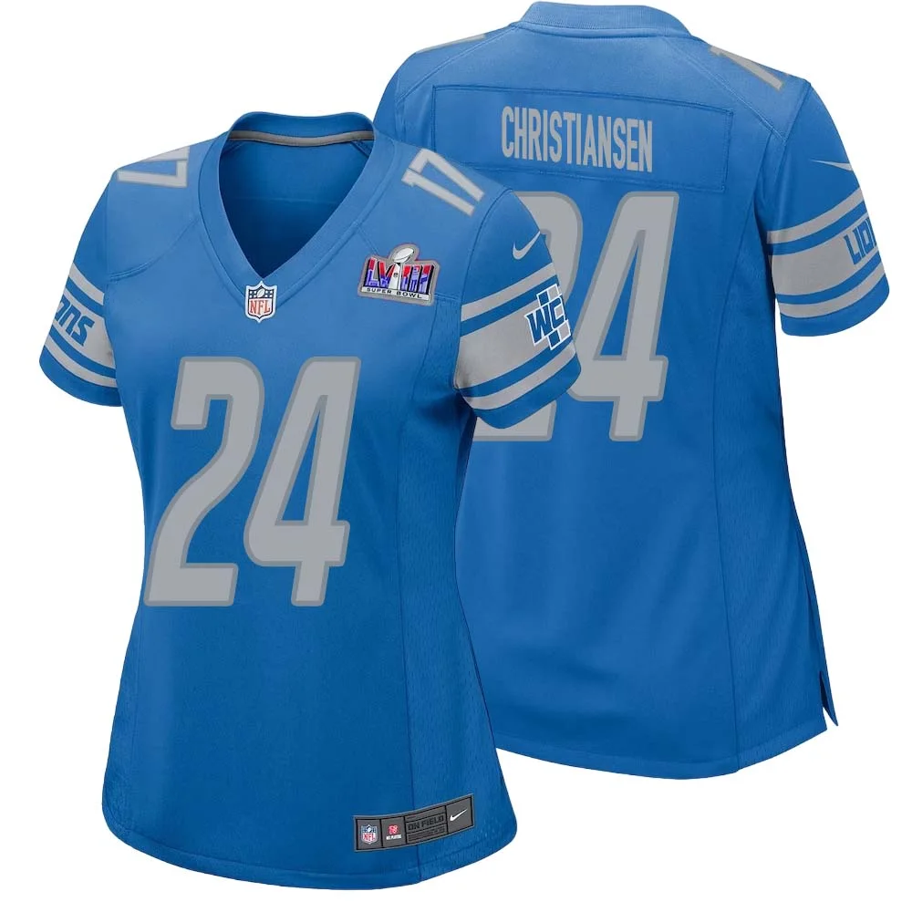 Jack Christiansen No 24 Womens Custom Blue Detroit Lions Super Bowl LVIII Player Home Game Jersey