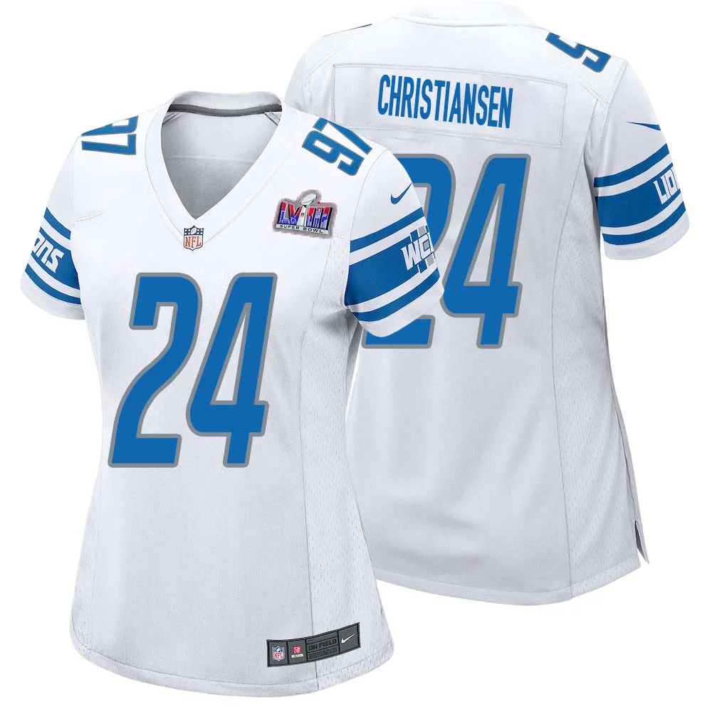 Jack Christiansen No 24 Womens Custom White Detroit Lions Super Bowl LVIII Away Game Jersey