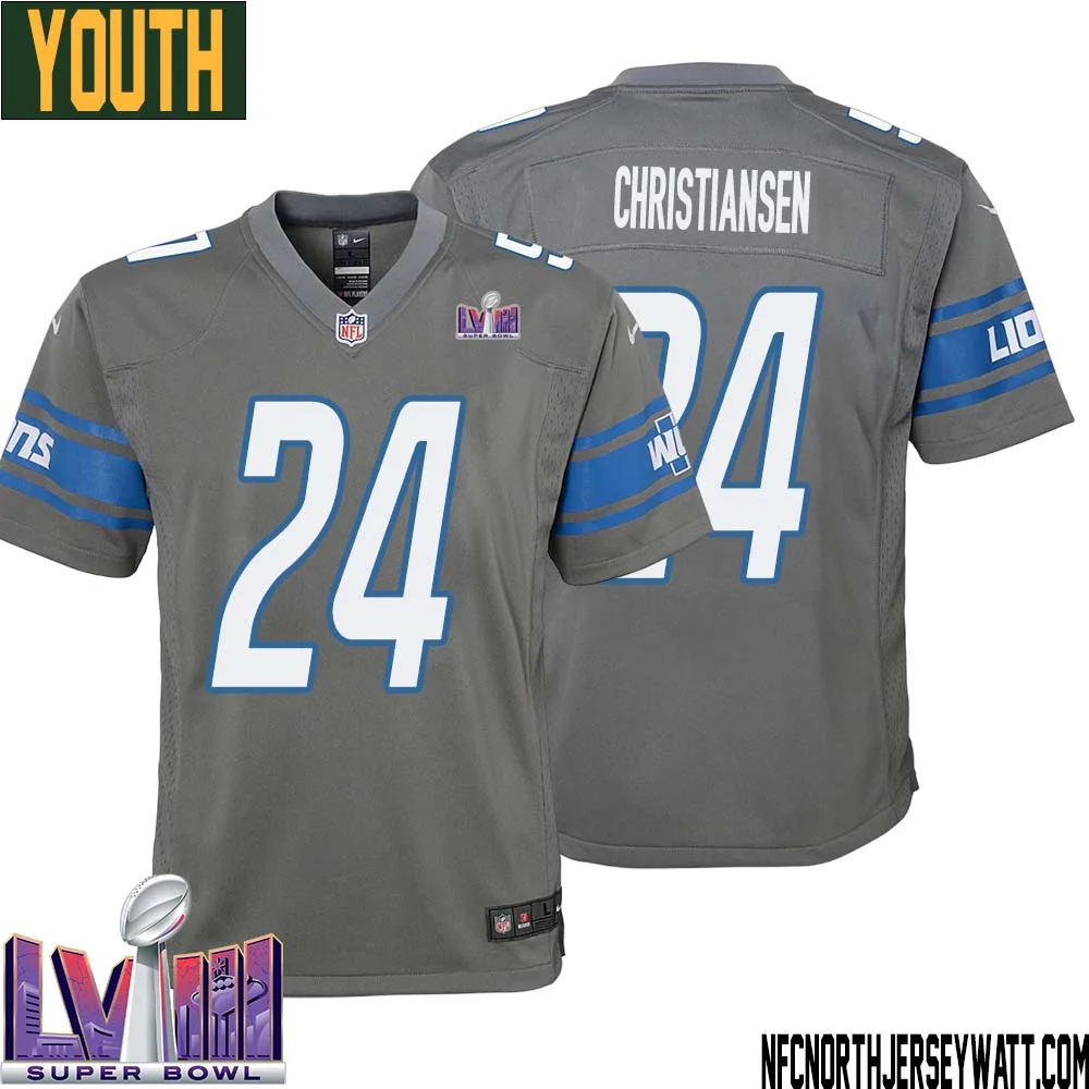 Jack Christiansen No 24 Youth Grey Detroit Lions Player Super Bowl LVIII Alternate Game Jersey 1