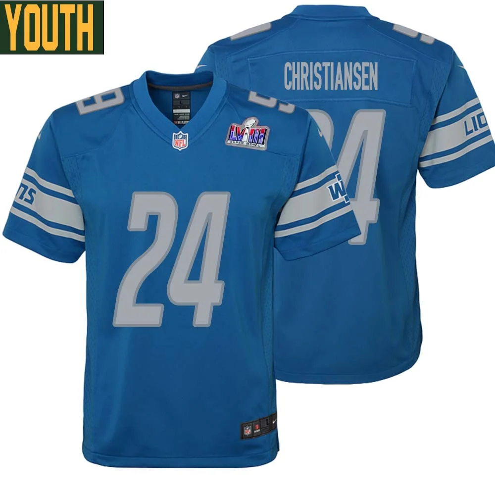 Jack Christiansen No 24 Youths Custom Blue Detroit Lions Super Bowl LVIII Player Home Game Jersey