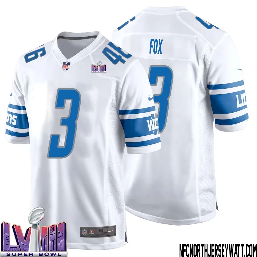 Jack Fox No 3 Men White Detroit Lions Player Super Bowl LVIII Away Game Jersey 1