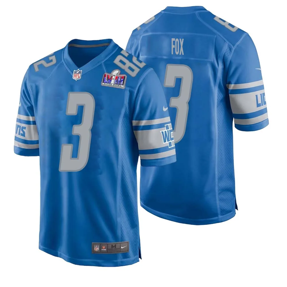 Jack Fox No 3 Mens Custom Blue Detroit Lions Super Bowl LVIII Player Home Game Jersey