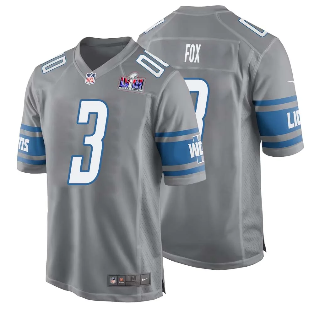 Jack Fox No 3 Mens Custom Gray Detroit Lions Alternate Super Bowl LVIII Game Jersey