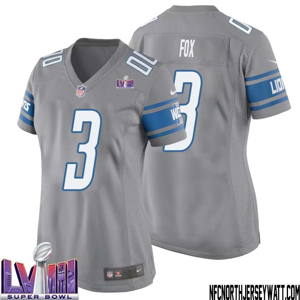 Jack Fox No 3 Women Grey Detroit Lions Player Super Bowl LVIII Alternate Game Jersey