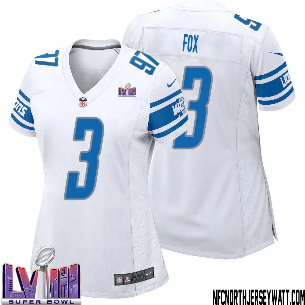 Jack Fox No 3 Women White Detroit Lions Player Super Bowl LVIII Away Game Jersey 1