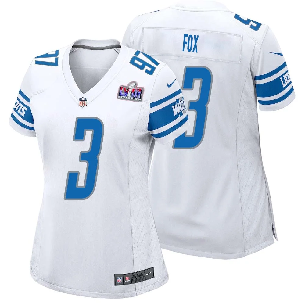 Jack Fox No 3 Womens Custom White Detroit Lions Super Bowl LVIII Away Game Jersey