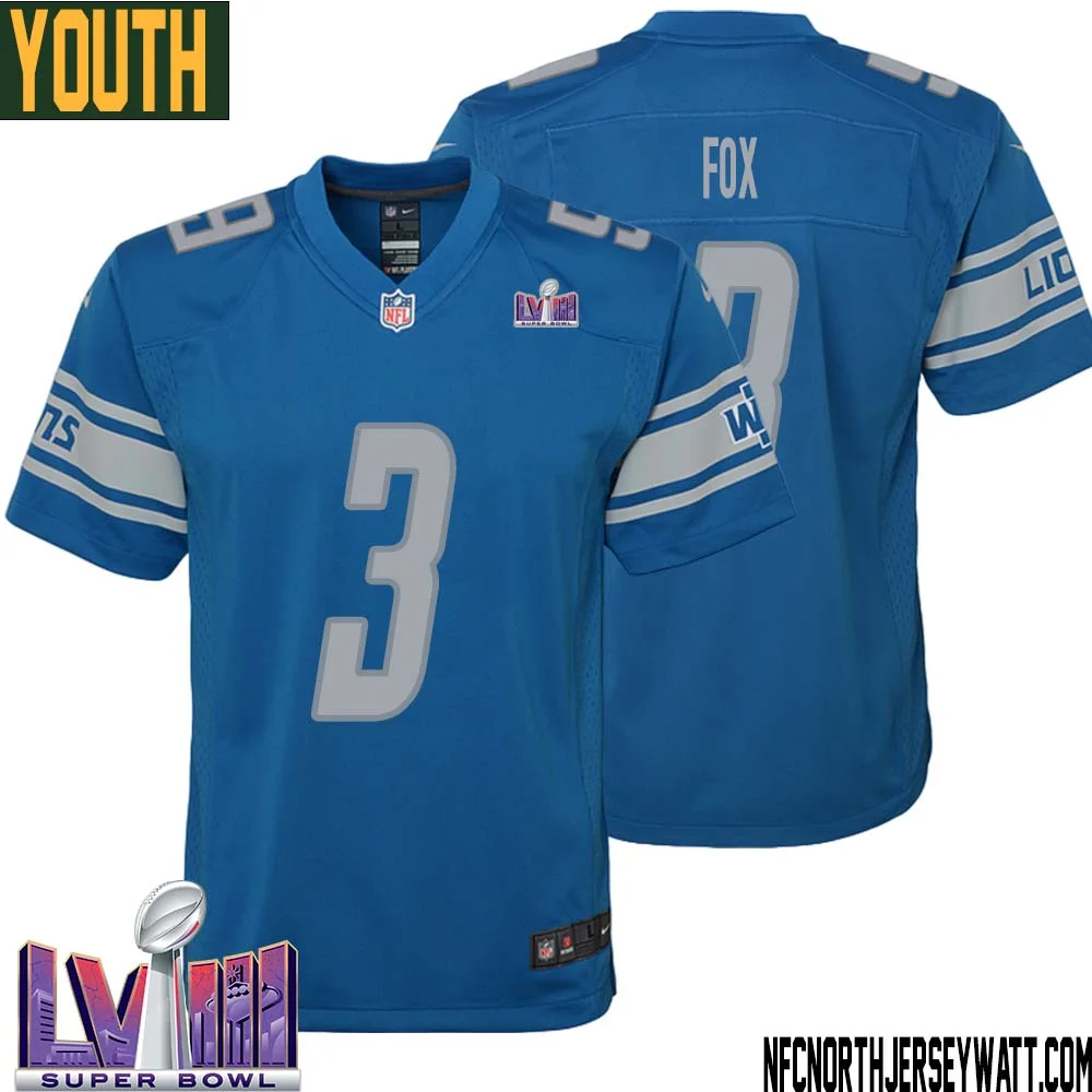 Jack Fox No 3 Youth Blue Detroit Lions Player Super Bowl LVIII Home Game Jersey