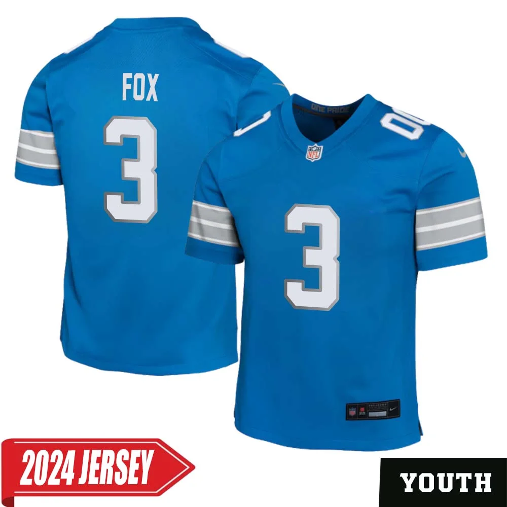 Jack Fox No 3 Youth s Detroit Lions Home Game 2024 Jersey Blue