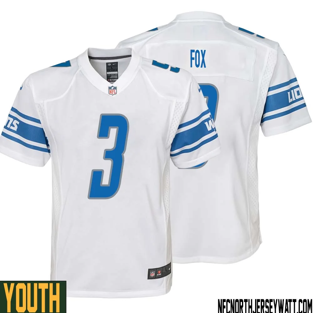Jack Fox No 3 Youth White Detroit Lions Player Away Game Jersey 1