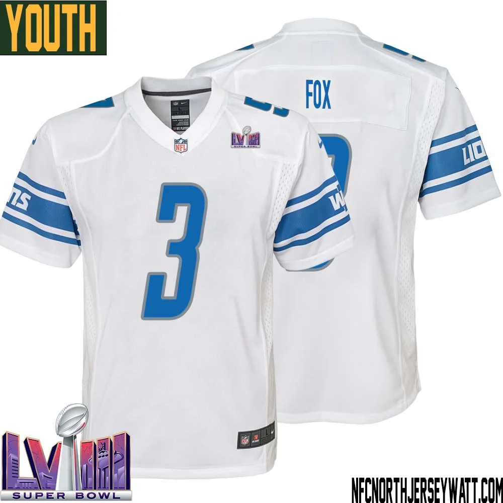 Jack Fox No 3 Youth White Detroit Lions Player Super Bowl LVIII Away Game Jersey 1
