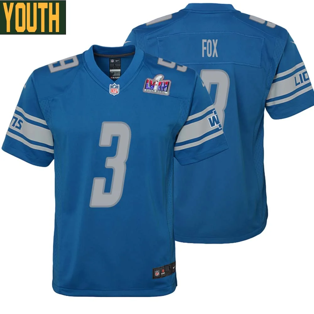 Jack Fox No 3 Youths Custom Blue Detroit Lions Super Bowl LVIII Player Home Game Jersey