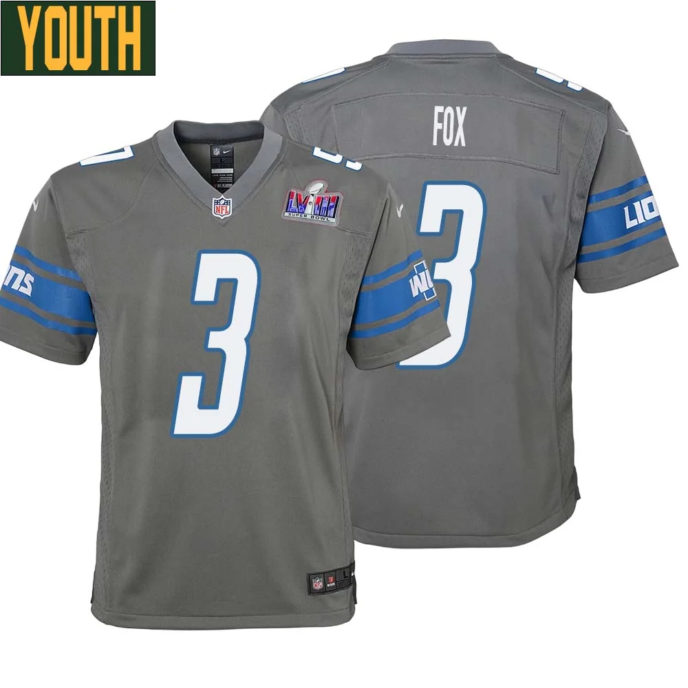 Jack Fox No 3 Youths Custom Gray Detroit Lions Alternate Super Bowl LVIII Game Jersey