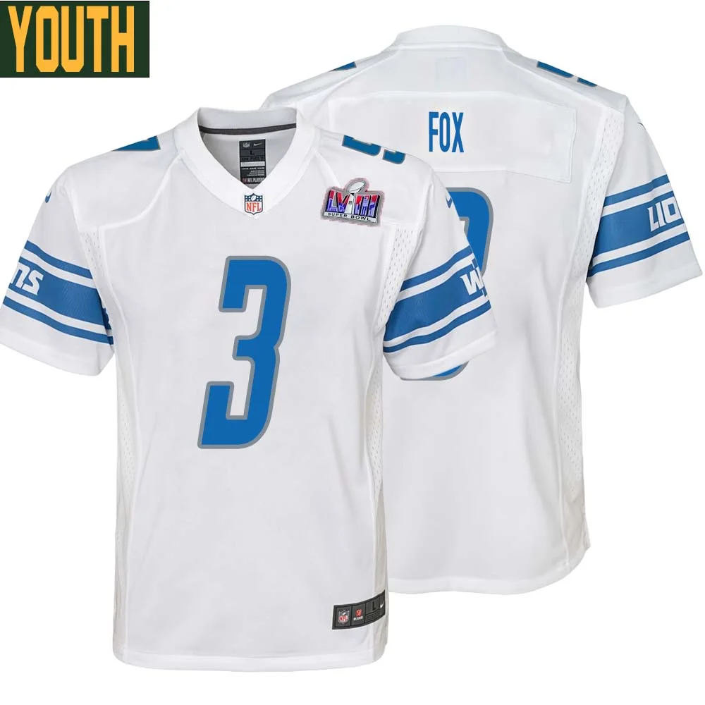 Jack Fox No 3 Youths Custom White Detroit Lions Super Bowl LVIII Away Game Jersey