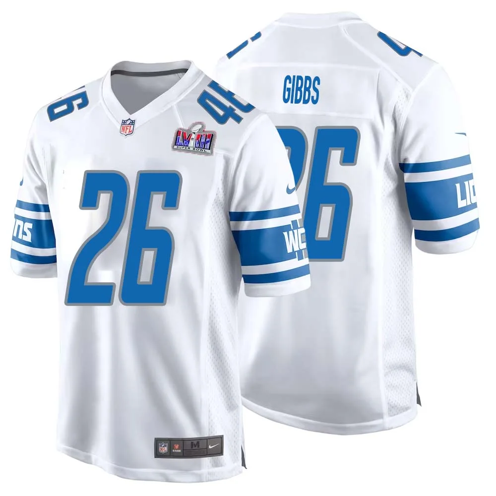 Jahmyr Gibbs No 26 Mens Custom White Detroit Lions Super Bowl LVIII Away Game Jersey