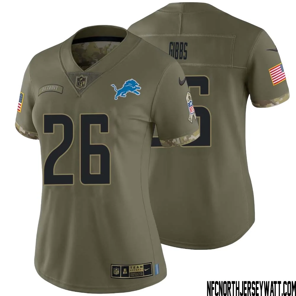 Jahmyr Gibbs No 26 Women Olive Detroit Lions 2022 Salute To Service Retired Player Limited Jersey 1