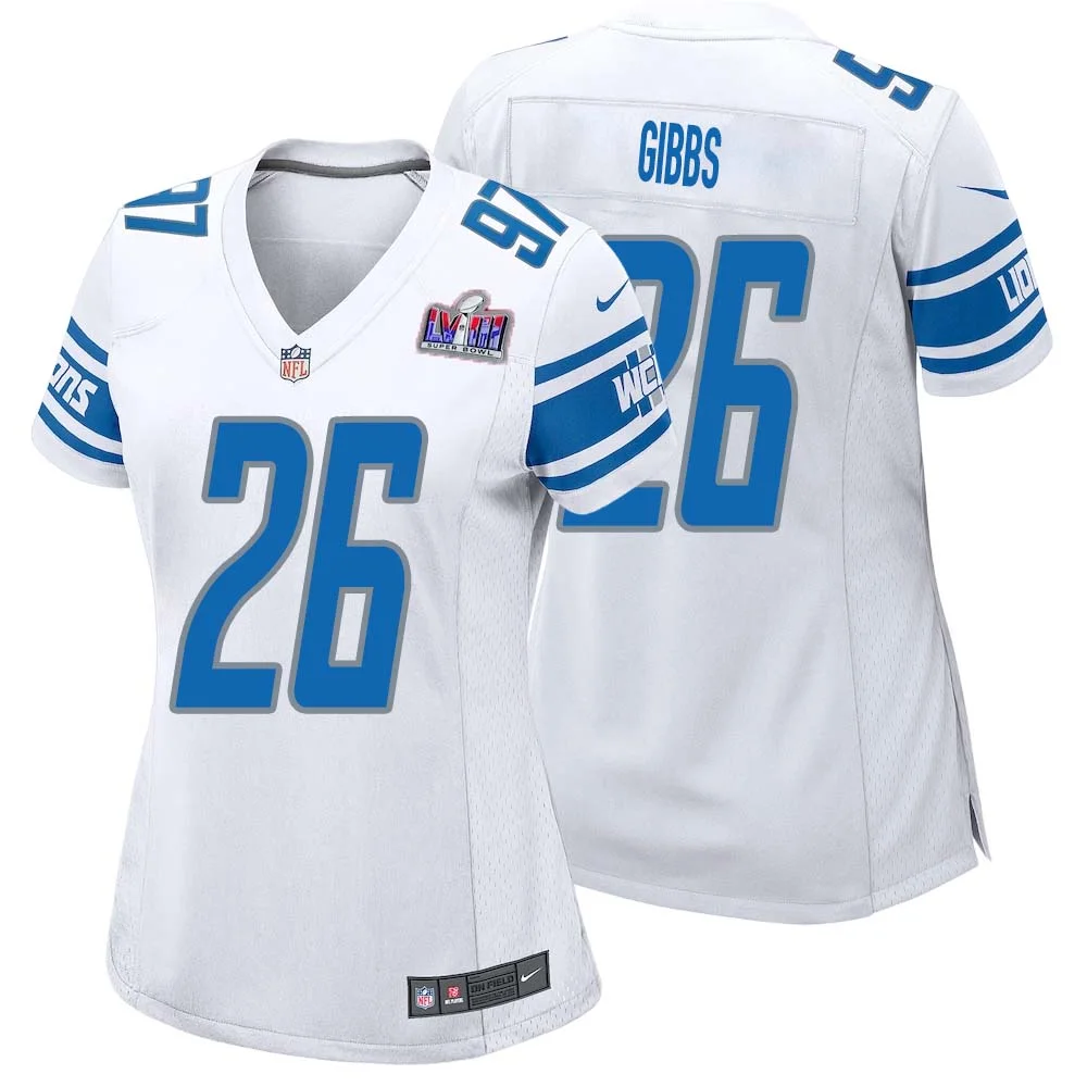 Jahmyr Gibbs No 26 Womens Custom White Detroit Lions Super Bowl LVIII Away Game Jersey