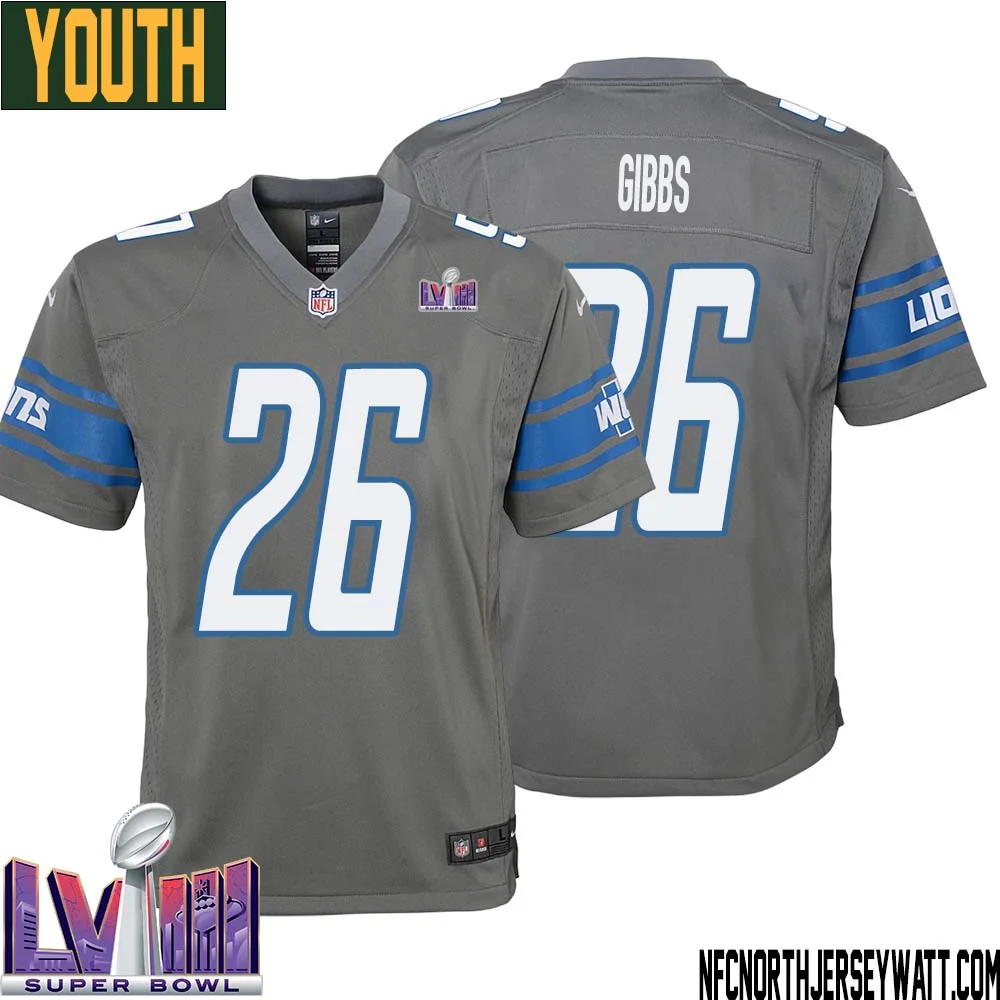Jahmyr Gibbs No 26 Youth Grey Detroit Lions Player Super Bowl LVIII Alternate Game Jersey