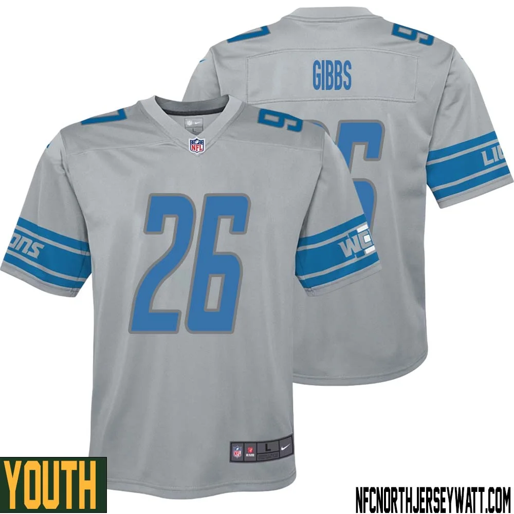 Jahmyr Gibbs No 26 Youth Steel Detroit Lions Vapor Untouchable Color Rush Limited Player Jersey 1