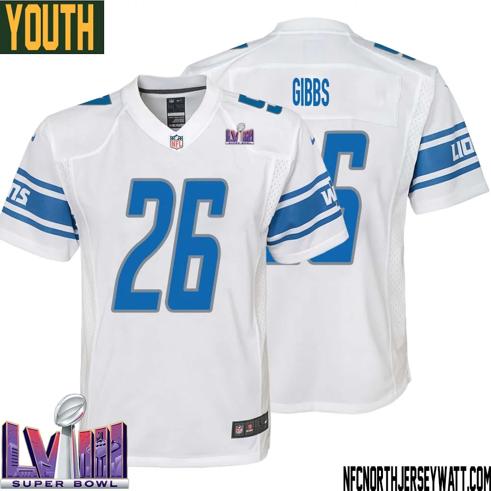 Jahmyr Gibbs No 26 Youth White Detroit Lions Player Super Bowl LVIII Away Game Jersey 1