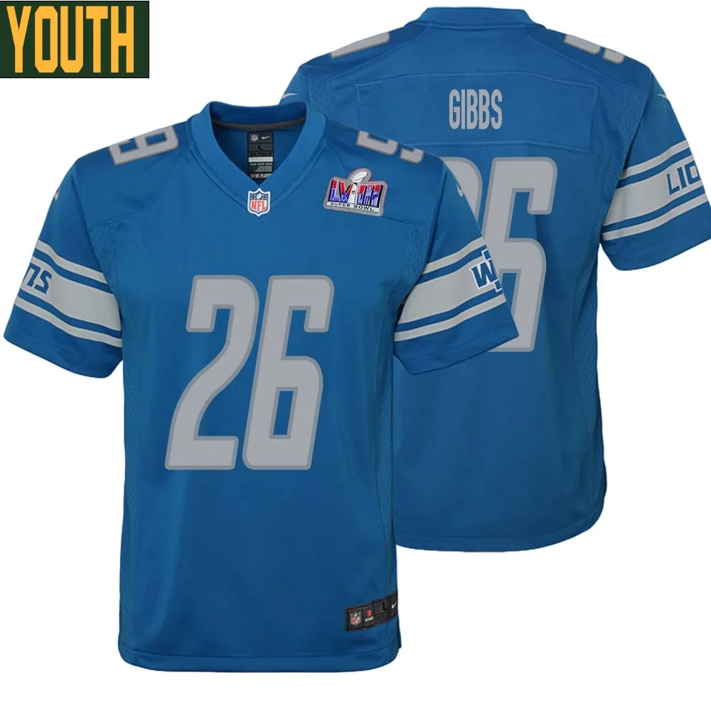 Jahmyr Gibbs No 26 Youths Custom Blue Detroit Lions Super Bowl LVIII Player Home Game Jersey