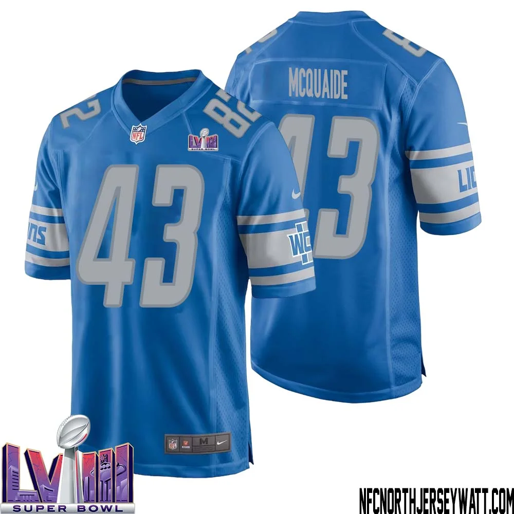 Jake McQuaide No 43 Men Blue Detroit Lions Player Super Bowl LVIII Home Game Jersey