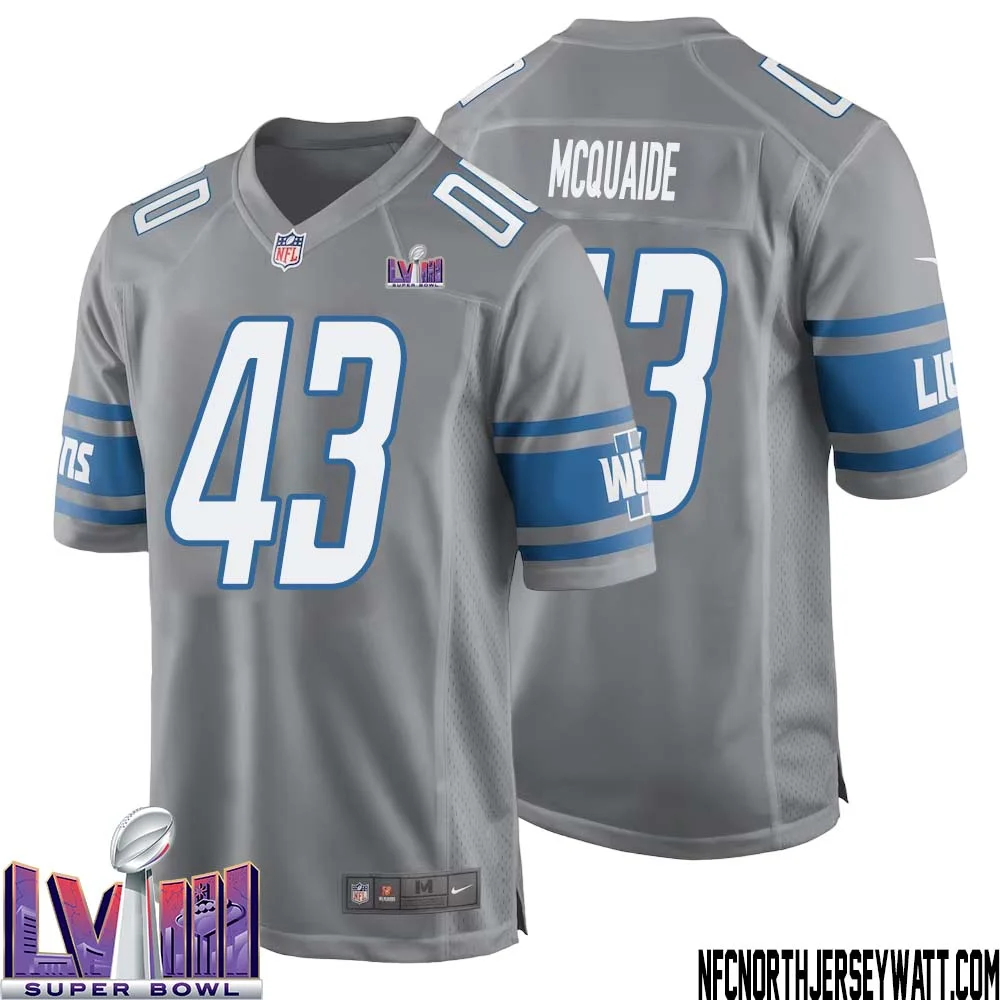 Jake McQuaide No 43 Men Grey Detroit Lions Player Super Bowl LVIII Alternate Game Jersey